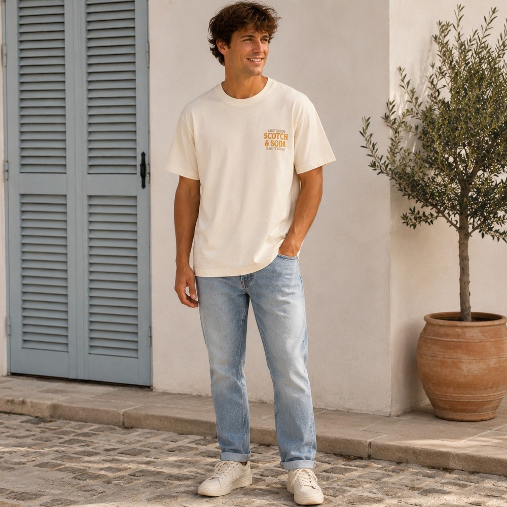 SCOTCH & SODA AMSTERDAM Mens New COUTURE T-Shirt Graphic Logo Crew LARGE Beige